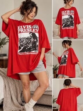 Elvis Presley Sun Records Red Oversized Graphic T-Shirt 4XL Loungewear
